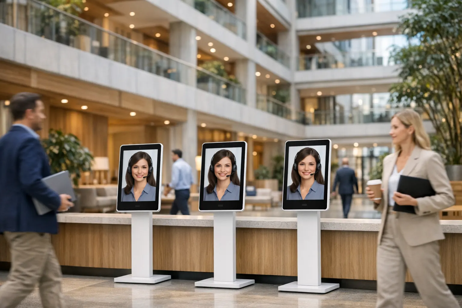 Business centre lobby with several front desk kiosks