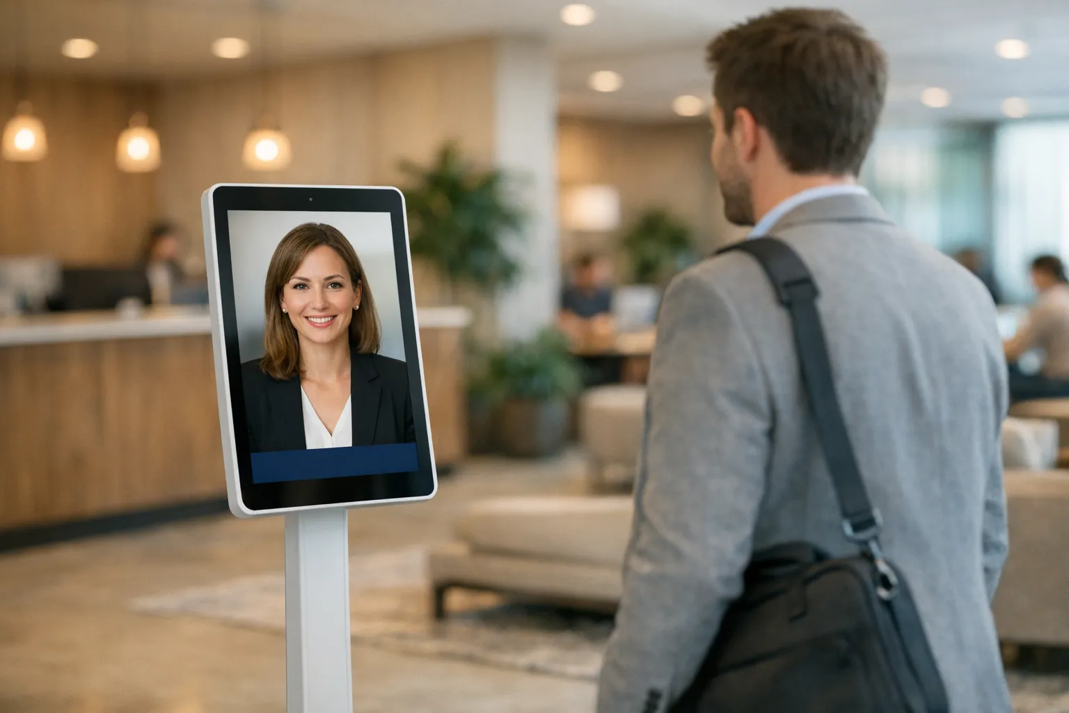 A visitor talking to a Smart Coworking front desk kiosk in a coworking lobby